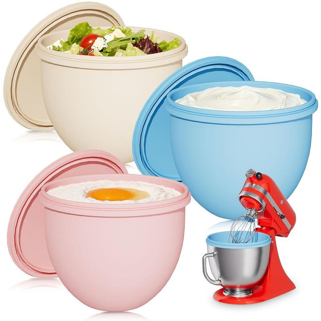 Snuggery 3Pcs 4.5QT Silicone Bowl Liner for KitchenAid Tilt-Head Stand Mixers – Food-Grade Silicone Insert with Sealable Lid, Vent Holes & ml Markings – Heat-Resistant, Stackable Design