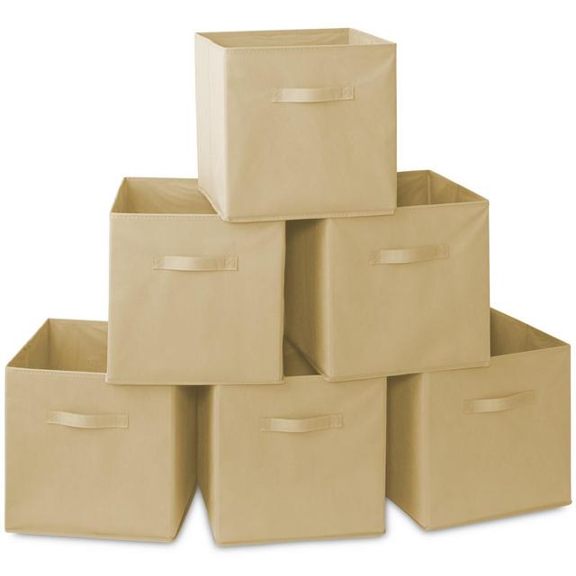 Casafield Set of 6 Collapsible Fabric Storage Cube Bins, Beige - 13" Foldable Cloth Baskets for Shelves and Cubby Organizers