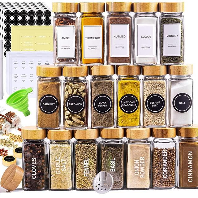 Glass Spice Jars with Label Set, Bamboo Lids & Funnel - Kitchen Airtight Storage Jars with Lids - Spices and Seasonings Sets Organizer, Spice Glass Jar with Lid Food Canister Bottle Sugar Shaker
