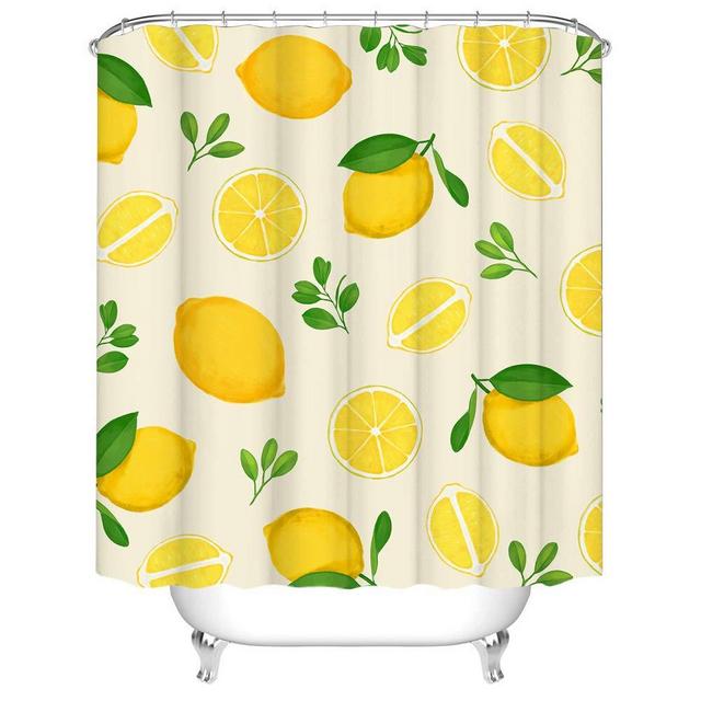 Lemon Shower Curtains Fresh Fruits Bathroom Curtain Yellow Frutis with Green Leaves Bath Curtains Cream Fabric Bathroom Decor Set with Hooks 72x72inch