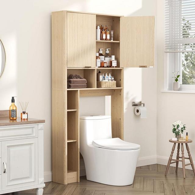 Over the Toilet Storage Cabinet, Toilet Storage with Adjustable Shelf and Bottom Bar, Over Toilet Bathroom Organizer with Wave Pattern Cabinet Doors, 31 IN W, for Restroom, Laundry, Bathroom, Oak