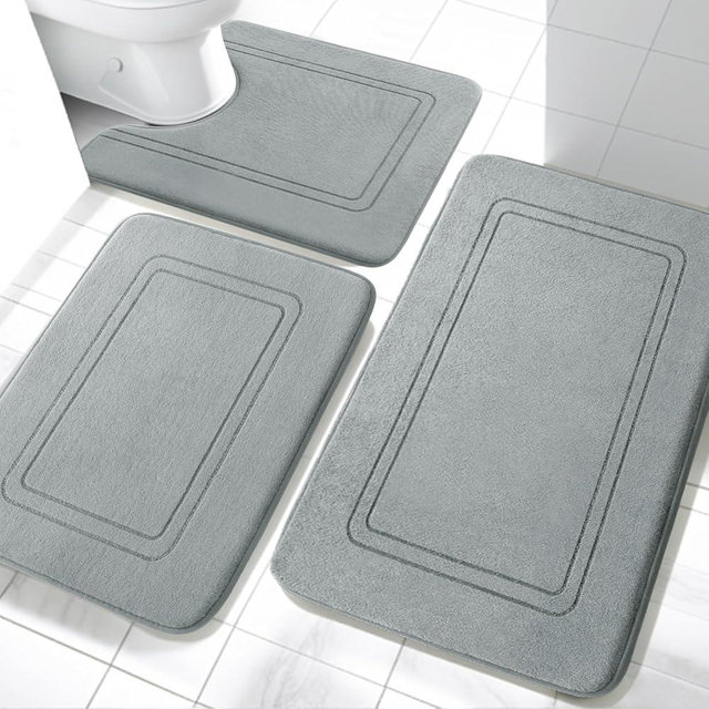 YIHOUSE Memory Foam Bath Mat Set, Bathroom Rugs Sets 3 Pieces, Non Slip Bath Mats for Bathroom, Super Soft and Water Absorbent Bath Rug Set, Machine Washable U Shape Toilet Mats Set,Light Grey