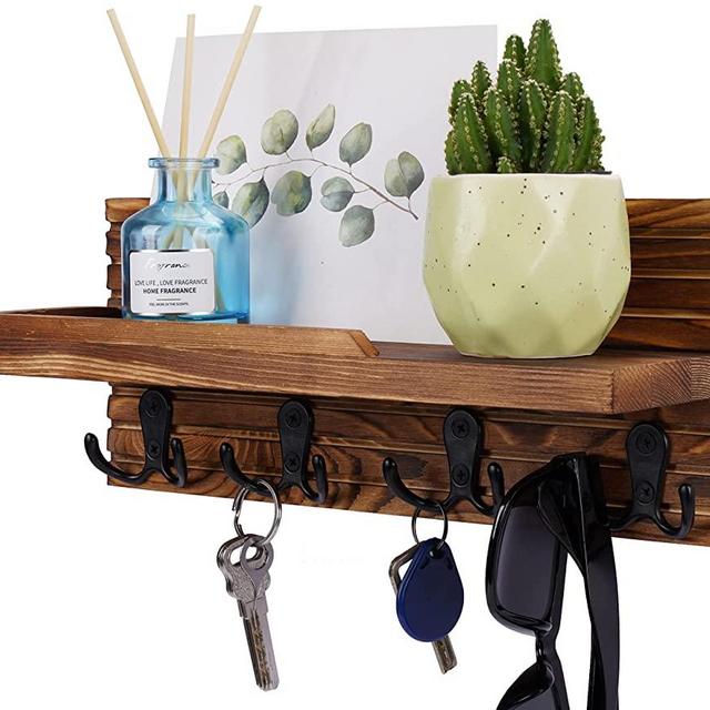 Decorative Key Hanging Rack with 4 Double Hooks – Easy Install Natural Wooden Key and Mail Holder for Wall Mount – Entryway Decor Rack with Shelf