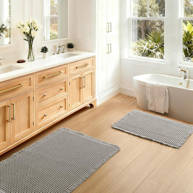 JIUZHEN Set of 2 Waffle Bathroom Rugs Super Absorbent Boho Bath Rugs Non Slip Washable Bath Mats Ultra Soft Machine Washable Shower Mats for Bathroom Floor, Tub, 16" x 24" +20" x 32", Grey
