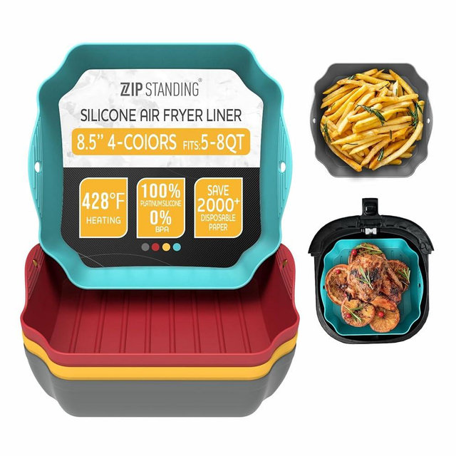 Silicone Air Fryer Liners Set OF 4, Air Fryer Silicone Liners for 5-8QT Air Fryer Tray Baking Oven, 8.5” Reusable Square Air Fryer Liners with Handles & Holes, Air Fryer Inserts, Air Fryer Accessories