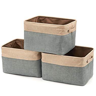 EZOWare Set of 3 Large Canvas Fabric Tweed Storage Organizer Cube Set W/Handles for Nursery Kids Toddlers Home and Office - 15 L x 10.5 W x 9.4 H -Gray/Brown