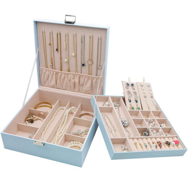 ProCase Jewelry Box for Women Girls Girlfriend Wife Ideal Gift, Large Leather Jewelry Organizer Storage Case with Two Layers Display for Earrings Bracelets Rings Watches -Blue