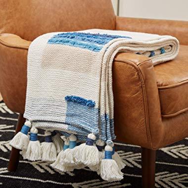 Rivet Global Textured 100% Cotton Throw Blanket With Large Tassels, Blue and White