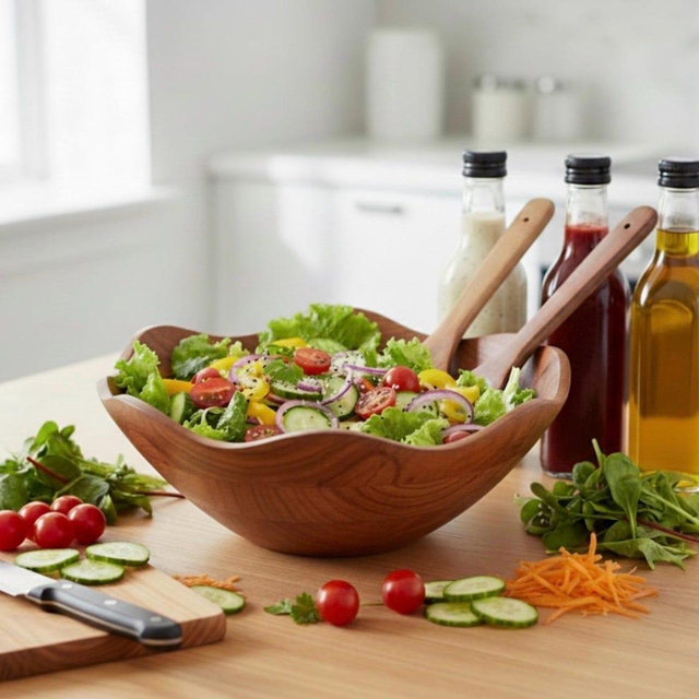 Personalized Acacia Wood Salad Bowl Set | Engraved Wooden Serving Bowl with Utensils Lotus Shape