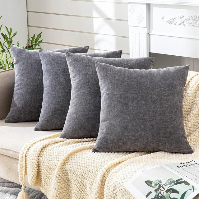 GAWAMAY Decorative Square Throw Pillow Covers 18x18 Inch Set of 4, Super Soft Chenille Pillows Cover Fall Pillowcase for Living Room Bedroom Sofa Couch Cushion Cover Grey 45x45cm (No Insert)