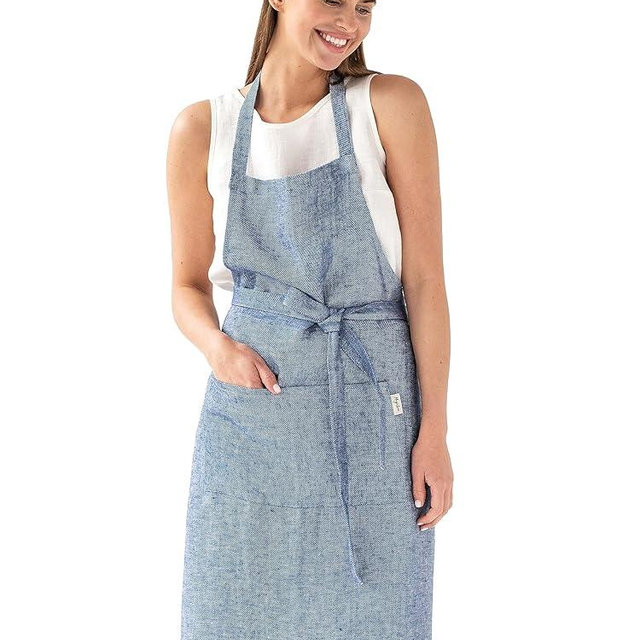 MagicLinen 100% Linen Apron - Cooking, Gardening, Grilling, Painting Apron with Pockets - Perfect for Women and Men (Denim, One Size)