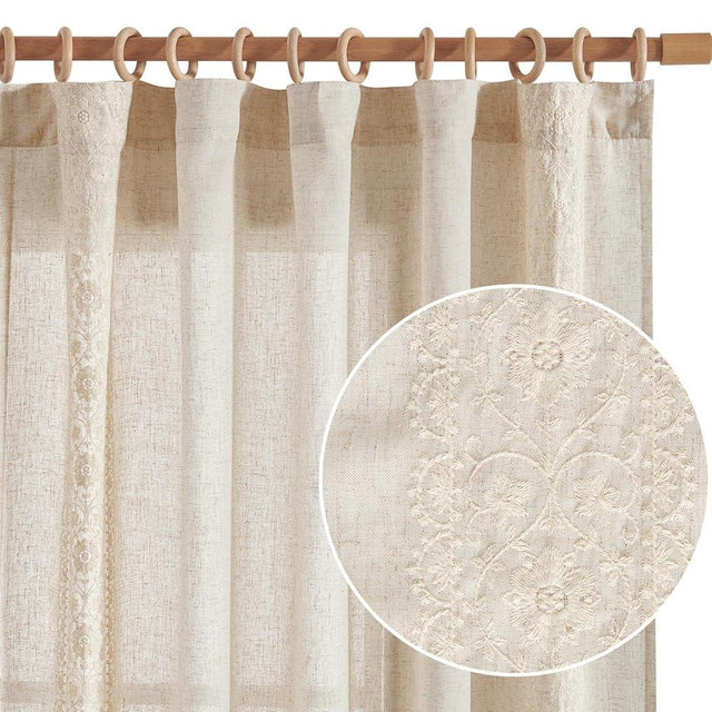 jinchan Linen Curtains for Bedroom Ivory Vintage Floral Farmhouse Curtains 84 Inches Long Boho Curtains for Living Room Embroidered Bordered Drapes Light Filtering Rod Pocket Ivory on Beige 2 Panels