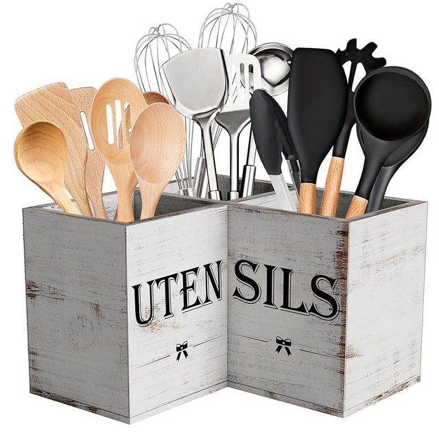 Suli Extra Large Kitchen Utensils Holder with 3 Compartments,Corner Shelf,Wooden Utensil Organizer for Kitchen Countertop, Farmhouse Decor, Rustic Cooking Utensil - White grain