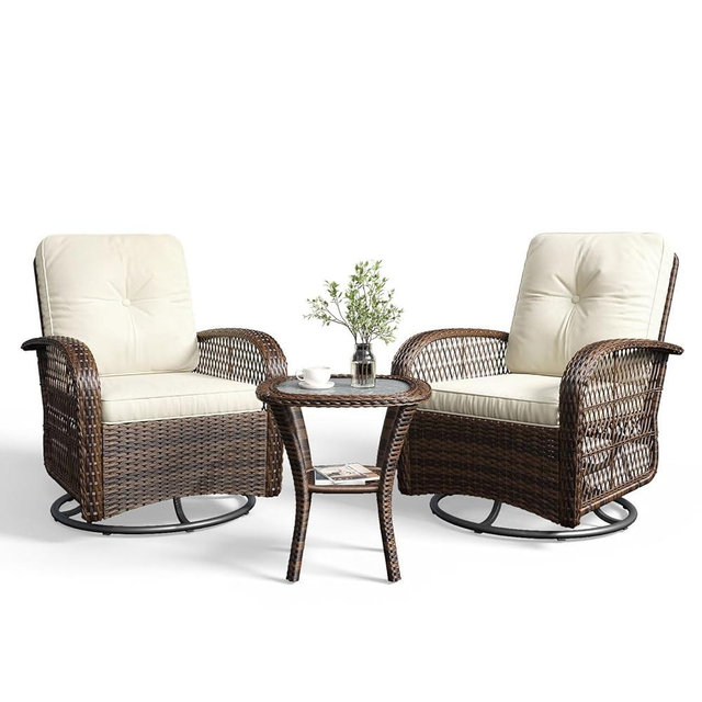 Aoxun 3 Pieces Patio Furniture Set, Patio Swivel Rocker Chairs Set of 2, Wicker Outdoor Bistro Set with Rocking Chair, Thickened Cushions and Table for Porch (Beige)