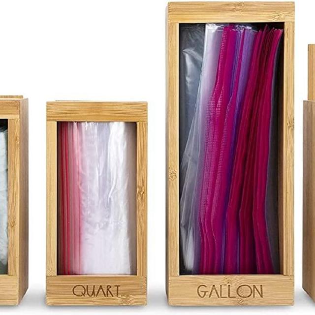 Bamboo Ziplock Bag Storage Organizer and Dispenser for Kitchen Drawer With Removable Back, By Slimry Design Suitable for Gallon, Quart, Sandwich & Snack Variety Size Bag