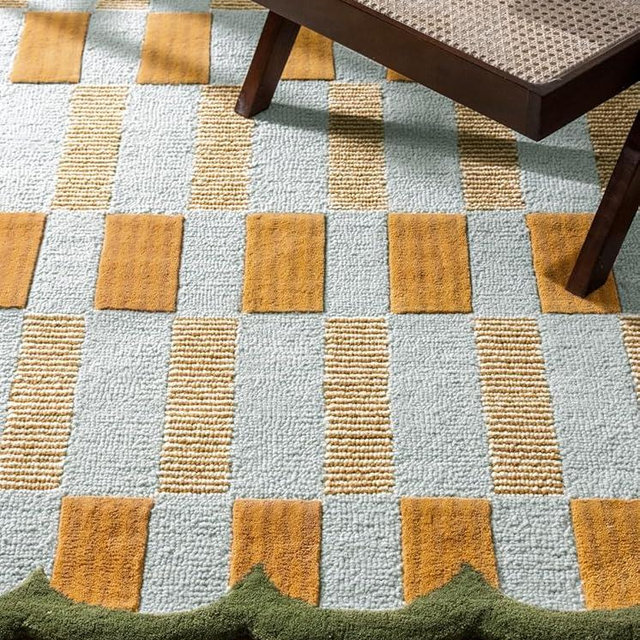 RUG BARN Checkered Hand-Tufted 100% Wool Runner Rug - 2.5x11 Ft, Rectangular Light Blue Base with Mustard & Beige Blocks, Olive Green Scalloped Edge, Cotton Backing Plush Carpet for Bedroom & Nursery
