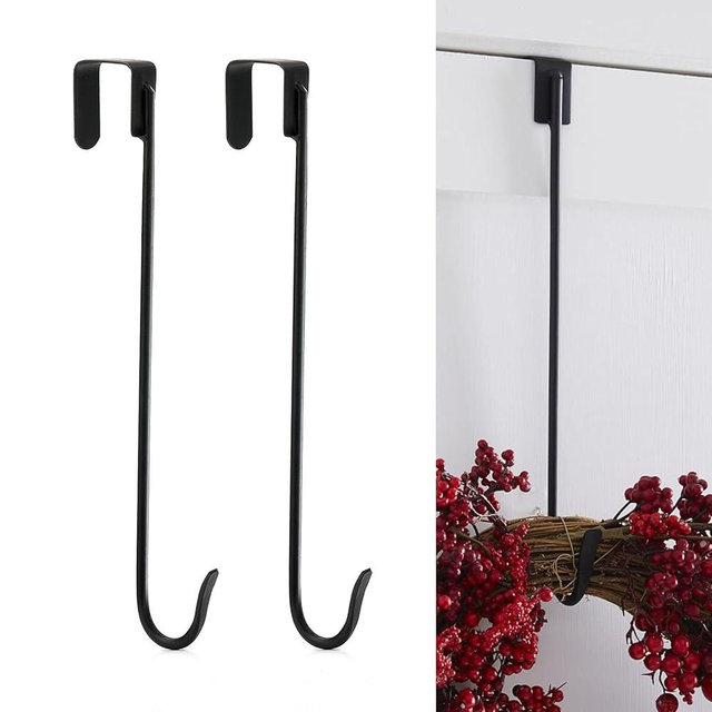 Jemeni 16" Wreath Hanger for Front Door, 2 Pack Wrought Iron Over The Door Hook, Matte Black