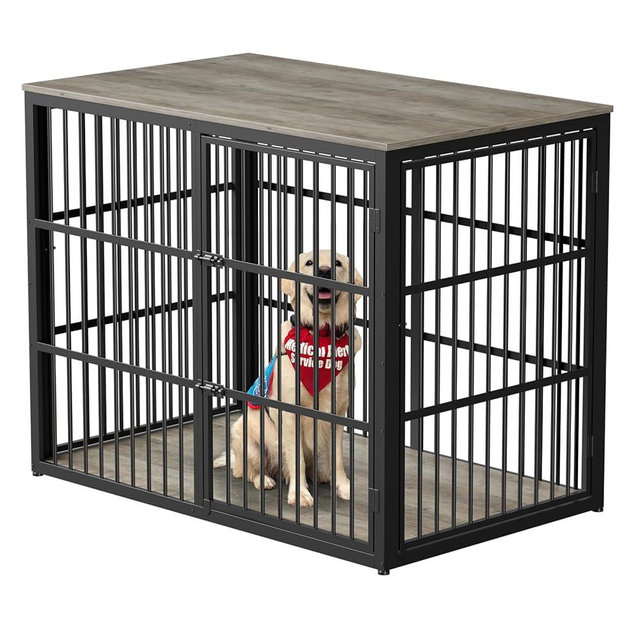 Lyromix 48'' XXL Dog Crate Furniture with 3 Doors, Wooden Crate End Table Heavy Duty Indoor Combination Cage for Medium to Large Dogs, Multiple Units Can be Combined, Grey