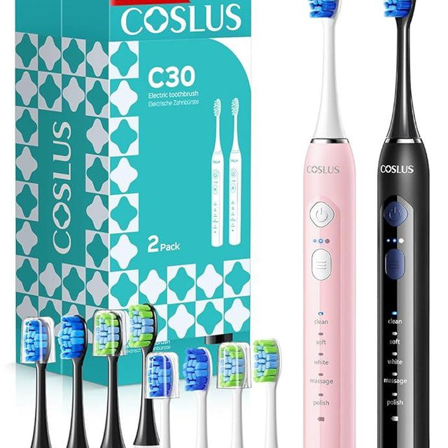 COSLUS C30 Electric Toothbrush for Adults & Kids: 3 Intensities & 5 Modes for Effective Yet Gentle Ultra-Clean Feel, 2 Types of Heads for Gentle & Daily Care, Travel Home Use, Black & Pink, 2PCS