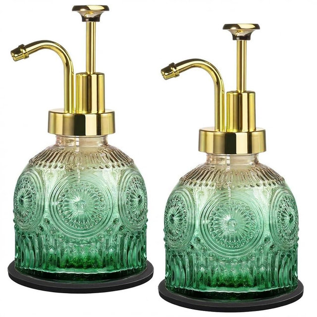 Amolliar 8 Oz Vintage Glass Bathroom Soap Dispensers with Pump, 2 Pack Refillable Kitchen Dish Soap Dispenser with Stripe, Antique Rustic Hand Soap Liquid Bottle (Green Gradient-Golden Pump)