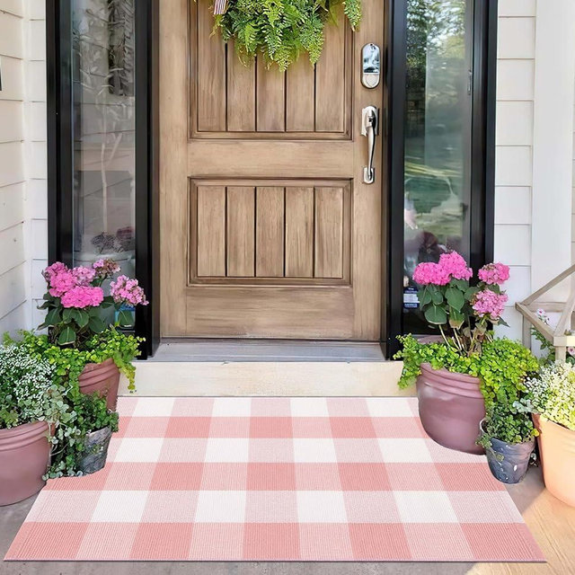Pink and White Outdoor Rug 24''x35'' Buffalo Plaid Porch Mat Cotton Woven Machine Washable Carpet for Layered Doormat Hello/Welcome Door Mat,Kitchen,Farmhouse,Entryway
