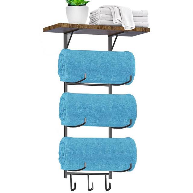 Towel Racks for Bathroom Wall Mounted,Wall Rack for Rolled Towels with 3 Hooks and Wood Shel, Metal Bath Towel Holder Organizer for Rolled Bath Towels, Hand Towels, Washcloths in Small Bathroom/Camper