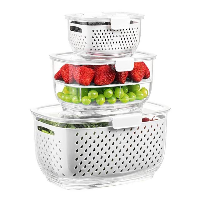 LUXEAR Fresh Produce Vegetable Fruit Storage Containers 3Piece Set, BPA-free Fridge Storage Container, Partitioned Salad Container, Fridge Organizers, Used in Storing Fruits Vegetables, White