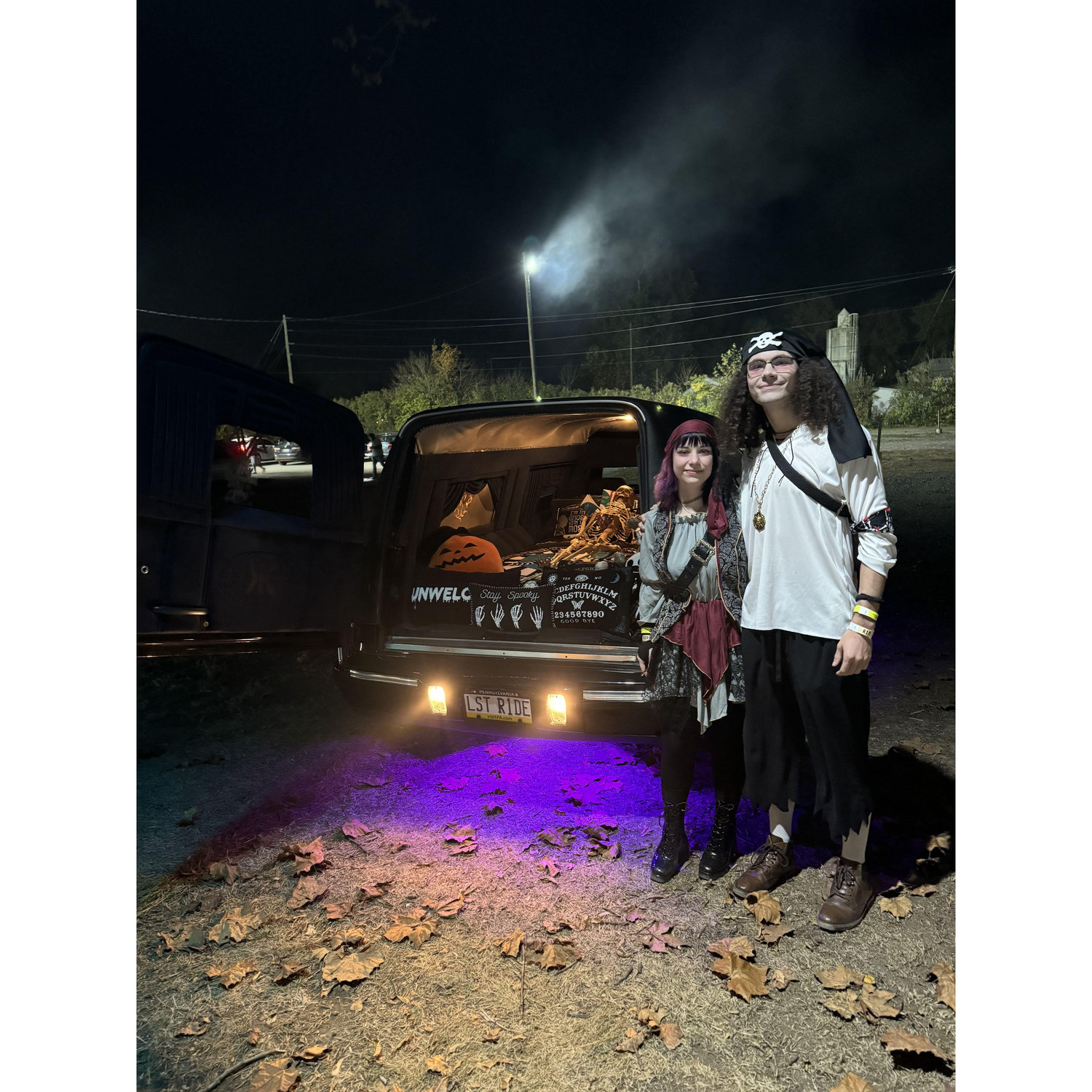 There was indeed a skeleton in the back of the hearse, just chilling.