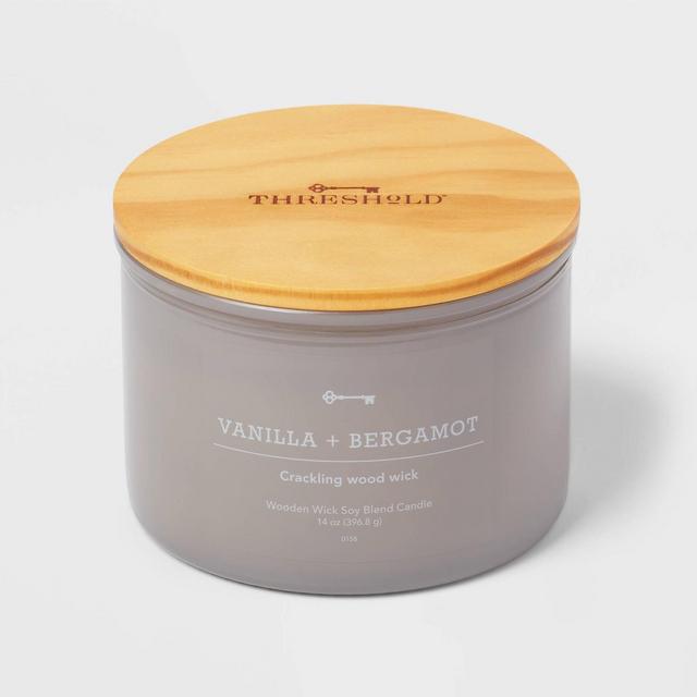 14oz Lidded Gray Glass Jar Crackling Wooden 3-Wick Candle with Clear Label Vanilla + Bergamot - Threshold™