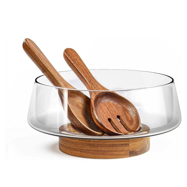 Extra Large Glass Salad Bowl Set - Party Salad Bowls with Acacia Wood Base and Serving Utensils - Elegant and Practical Kitchen Must-Have