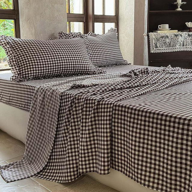 NSNLGSGC Mocha Gingham Ruffle Queen Sheet Set, Coffee Soft Pre-Washed Microfiber Plaid Queen Bed Sheets, 4-Pieces Farmhouse Sheet Set with Deep Pocket