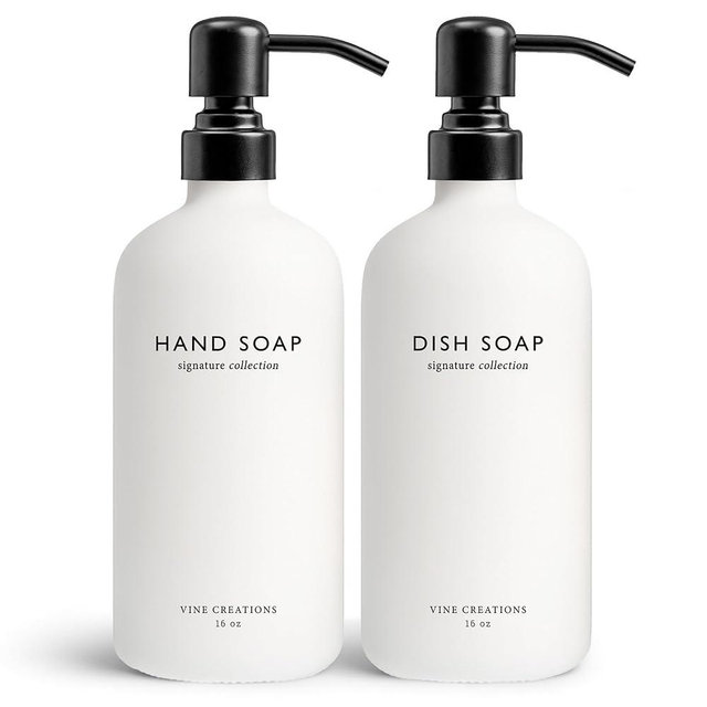 Vine Creations White Glass Soap Dispenser Set, Dish Soap and Hand Soap Dispenser Set with Stainless Steel Pump, 16 oz Glass Dispensers for Kitchen or Bathroom Decor (Matte White Bottle/Matte Black)