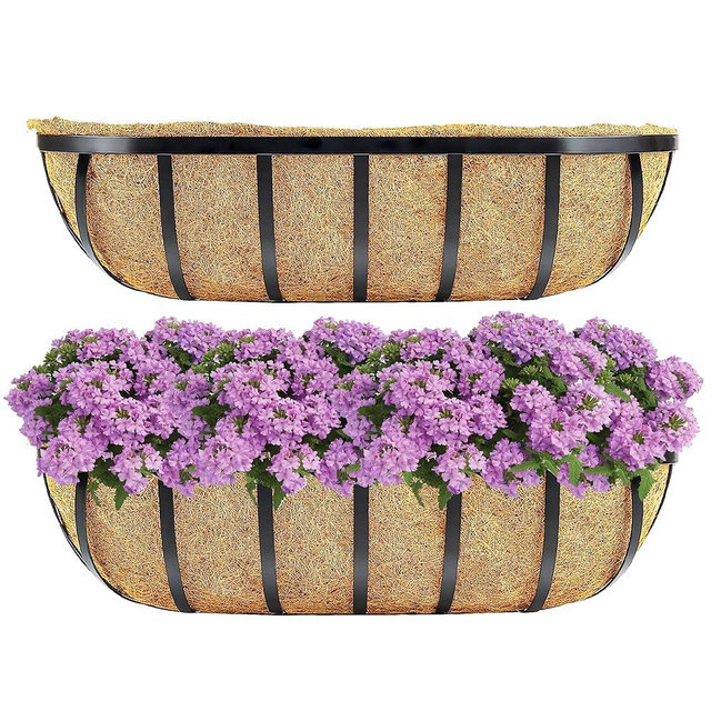 Y&M 2pcs 24 Inch Window Deck with Coco Liner, 24" Window Boxes Horse Trough with Coconut Coir Liner, Black Metal Hanging Flower Planter Window Basket Deck Railing Planter Boxes for Outdoor Indoor