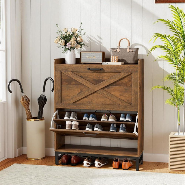 Miereirl Rustic Farmhouse Shoe Cabinet with 2 Flip Drawers, Narrow Entryway Shoe Storage Organizer for 12–16 Pairs, Space-Saving Hallway Shoe Rack with Metal Frame & Top Shelf for Bags & Decor (Brown)