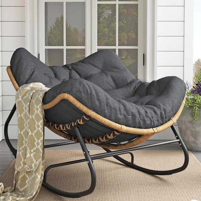 LEYCAY Outdoor Rocking Chair, Oversized Papasan Chair, Indoor Comfy Lounge Rocker with Cushion for Patio, Living Room, Porch, Balcony-Dark Grey