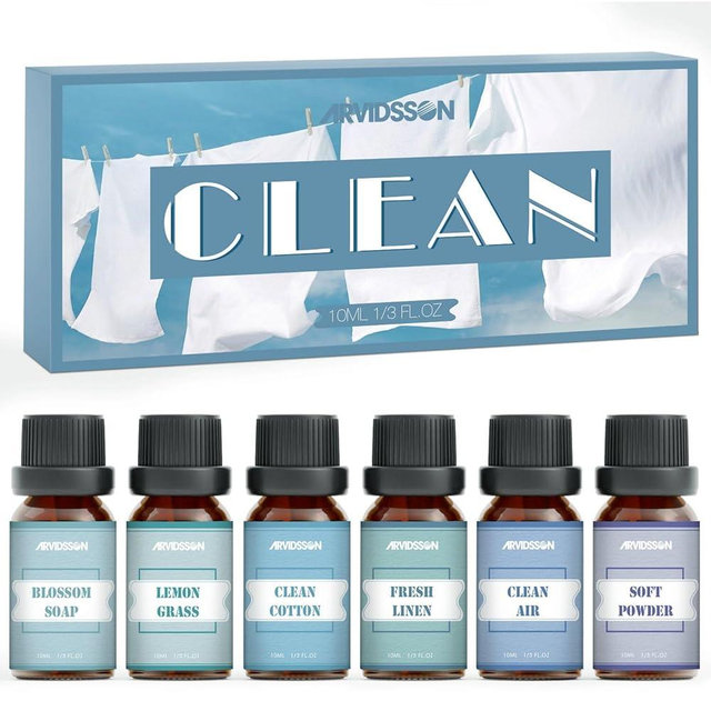 Clean Essential Oils Set, ARVIDSSON Natural Fragrance Oil for Diffuser, Soap Making - Clean Cotton, Fresh Linen, Lemongrass, Soft Powder, Blossom Soap