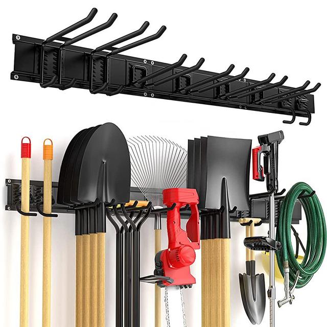 Garage Tool Organizer Wall Mount 11 PCS, Yard Garden Tool Organizer, Adjustable Garage Organizers with 8 Heavy Duty Hooks, Max Load 500lbs Garage Storage for Garden Tools, Shovels, Trimmers, Hoses