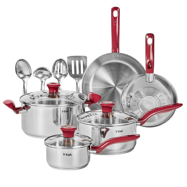 T-Fal Simply Cook 12pc Stainless Steel Cookware Set Red
