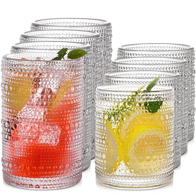 JPPSUJJ Vintage Hobnail Drinking Glasses Set of 8，15 oz Highball Glasses & 12 oz Cocktail Glasses，Drinkware Kitchen Glasses for Cocktail, Iced Coffee, Beer, Ice Tea, Wine, Whiskey, Water