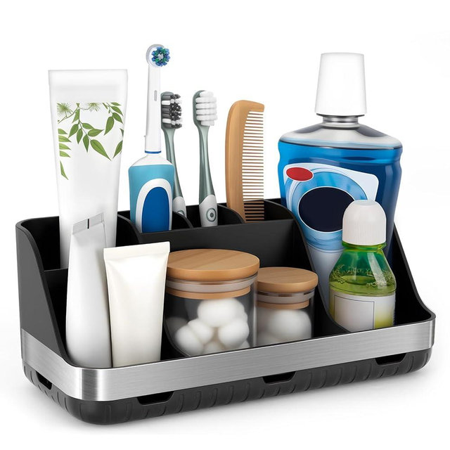 GFWARE Black Toothbrush Holder - 7 Slots Bathroom Organizer Countertop with Drainage Matte Black Electric Toothbrush and Toothpaste Holder for Bathroom Accessories Sink Storage