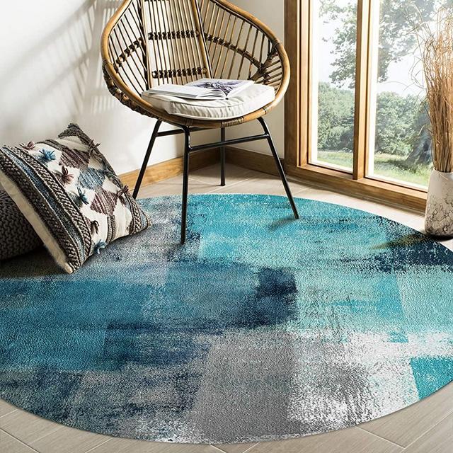 Large Round Area Rug for Living Room Turquoise and Grey Abstract Art Painting Teal Decorative Rug Carpet Floor Mat Yoga Mat for Bedroom Kids Room Home Decor 5 ft