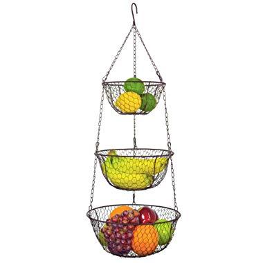 MyGift Bronze-Tone Metal 3-Tier Chain Hanging Space Saving Rustic Country Style Chicken Wire Fruits/Produce/Plants Storage Baskets