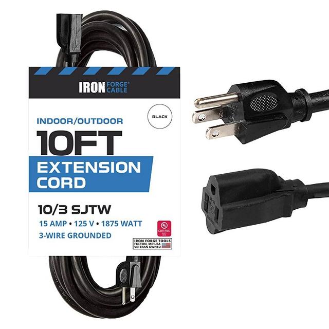 Iron Forge Cable 10 Foot Outdoor Extension Cord - 10/3 SJTW Black 10 Gauge Extension Cable with 3 Prong Grounded Plug for Safety, 15 AMP - Great for Garden and Major Appliances