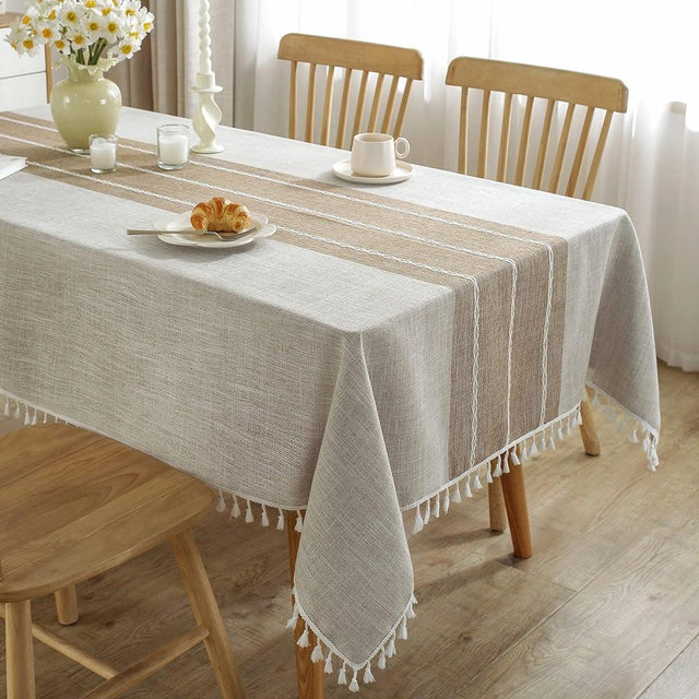 JIALE Tablecloths for Rectangle Tables,Cotton Linen Table Cloth Waterproof Tablecloth Wrinkle Free Farmhouse Dining Table Cover,Soft Fabric Table Cloths with Tassels,Brown,55" X 120",10-12 Seats