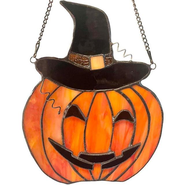 Bieye W10106 Curved Pumpkin with Witch Hat Tiffany Style Stained Glass Window Panel for Home Decor