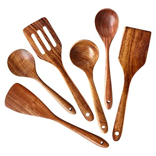 6 pcs Best Wooden Kitchen Utensils Non Stick Cooking Spoons Wood Spatula Serving Spoon Soup Ladle Utensils Set