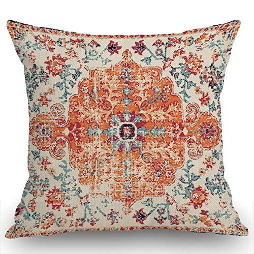 Moslion Carpet Pattern Boho Style Ethnic Design Decorative Cotton Linen Throw Waist Pillow Case Cushion Cover Orange Blue Pillowcase 18x18 Inches