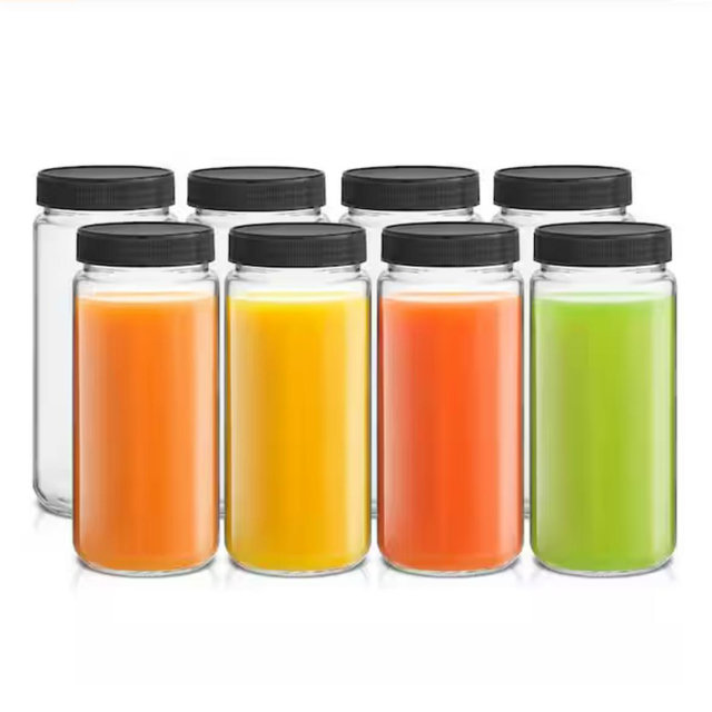 JoyJolt Reusable Glass 16 oz. Black Juice Bottles with Lids (Set of 8) JG10307