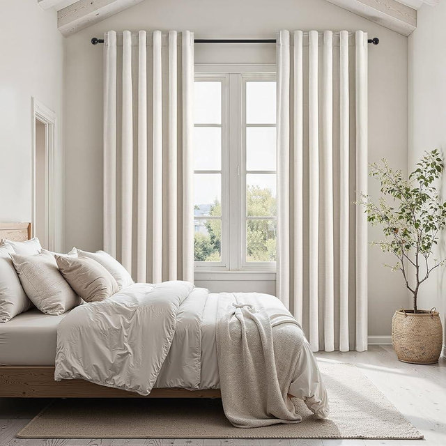 92 Inches Long Blackout Curtains for Living Room 2 Panels Set Cream Birch Linen Texture Room Darkening Energy Saving Curtain Window Coverings Hook Belt Pleated Drapes Aesthetic Bedroom(W40"xL92")