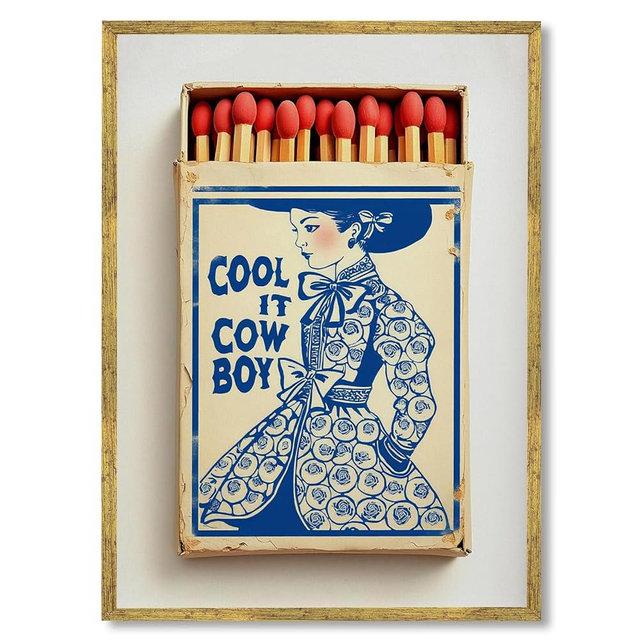 Gold Framed Cool It Cowboy Matchbook Wall Art Vintage Coastal Cowgirl Poster Retro Matchbox Western Canvas Painting Print Trendy Americana Western Wall Decor for Bar Living Room Home 24x36inch